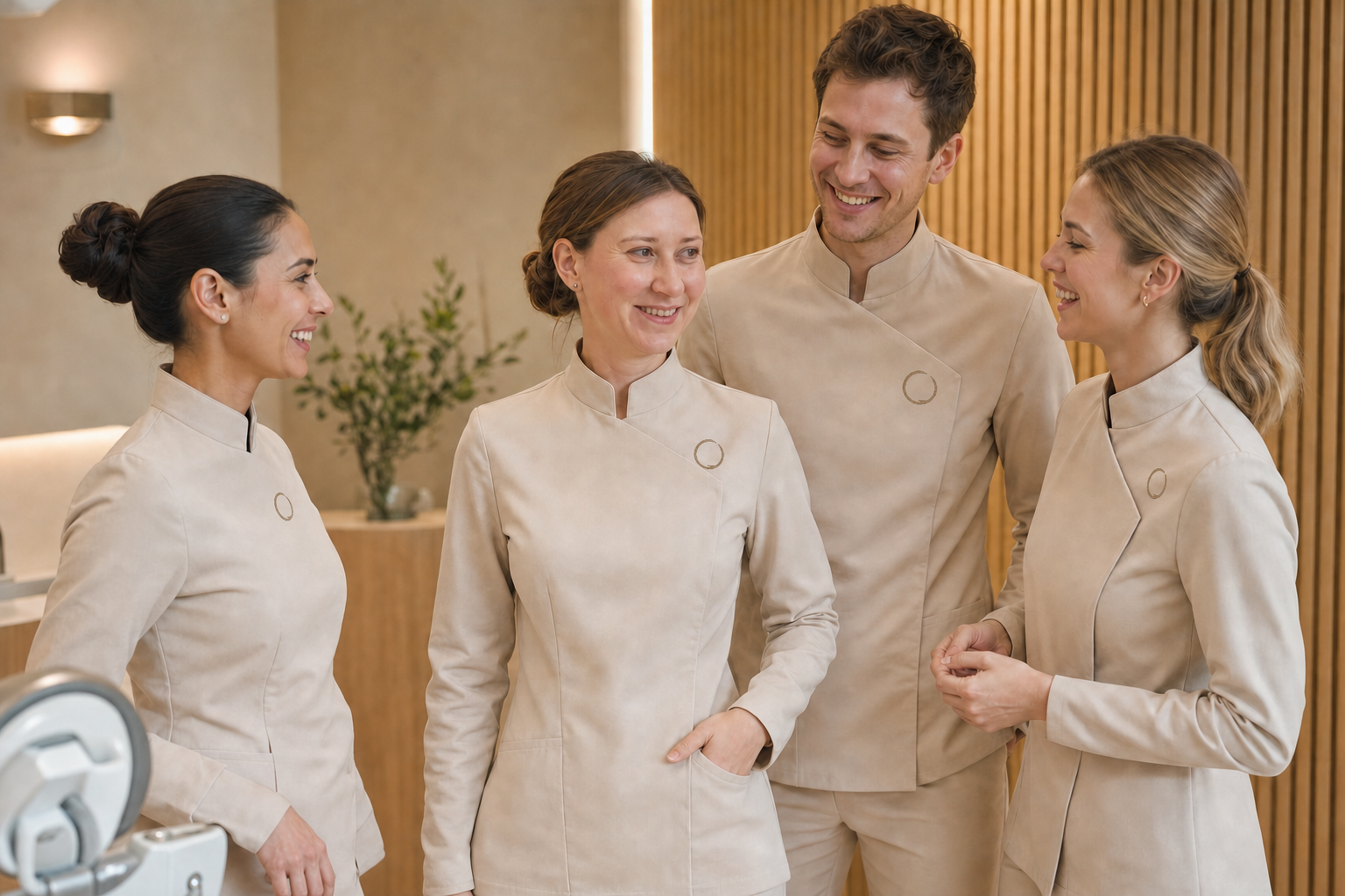 Интерьер студии Restoro Dental — тёплый свет, стекло, бронза