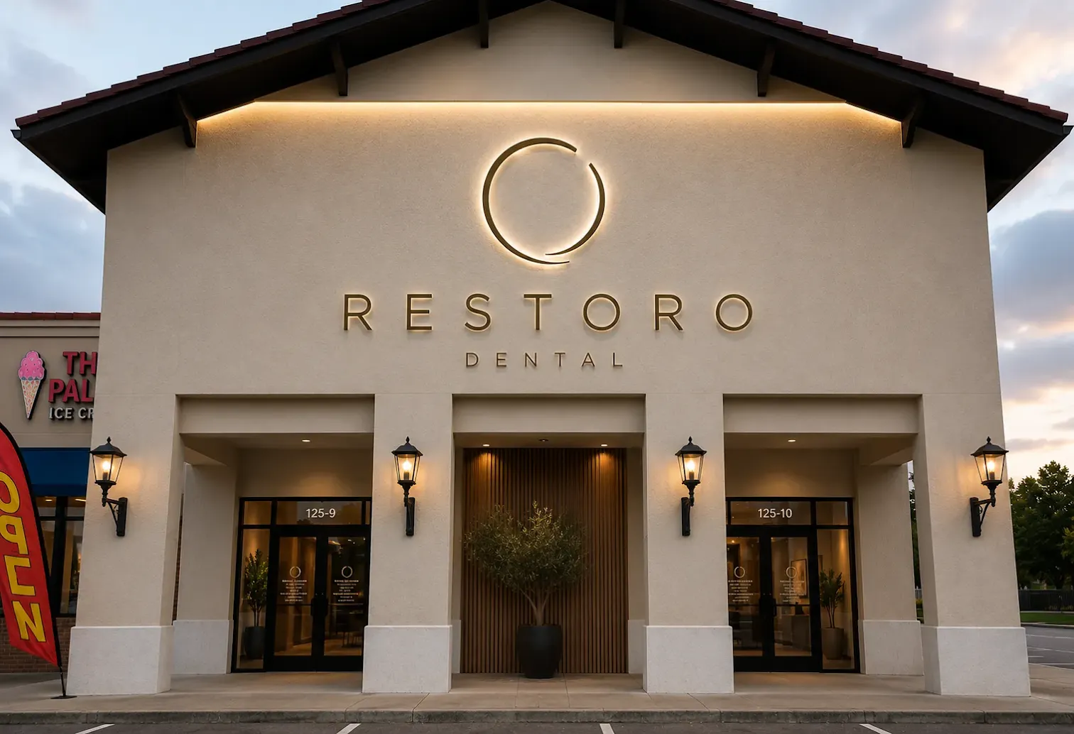 Restoro Dental Studio building at dusk, its backlit ring logo glowing above the entrance