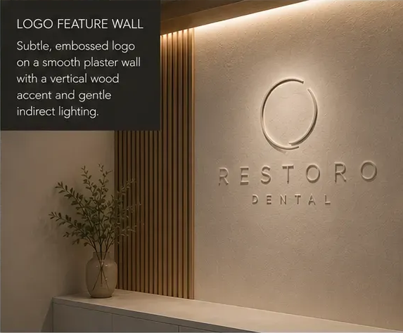 The embossed Restoro ring logo on a smooth plaster feature wall beside a vertical wood accent, lit softly from above