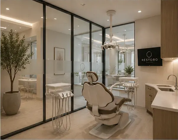 Operatory behind a glass partition with the Restoro ring-logo screen and an olive tree