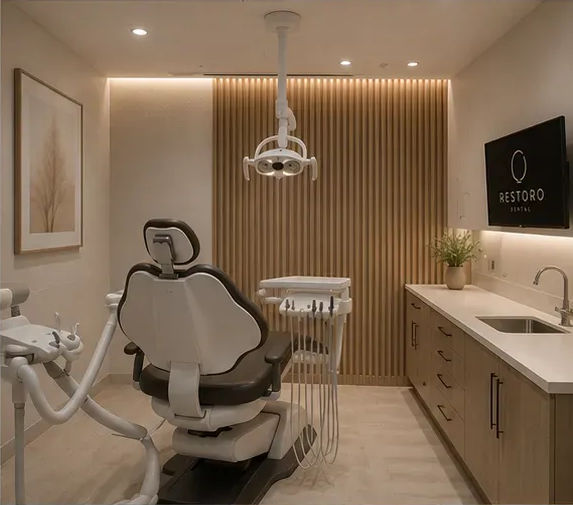 Glass-front operatory with a dental chair in warm sand tones