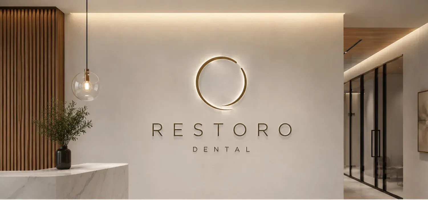 Restoro Dental Studio reception with the backlit bronze ring logo on a warm plaster wall